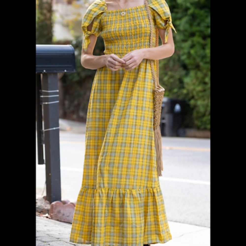 NWT SugarLips Yellow Plaid cotton smoked bodice short tie sleeves maxi dress